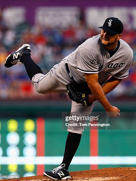 Felipe Paulino of the Chicago White Sox pitches against the Texas Rangers in the bottom of the first inning at Globe Life Park in Arlington on April...