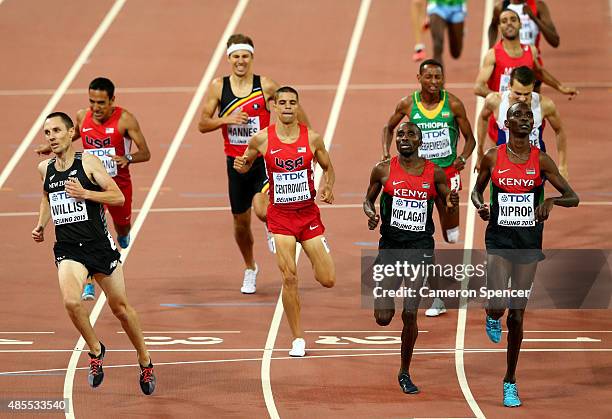 Matthew Centrowitz of the United States, Silas Kiplagat of Kenya and Asbel Kiprop of Kenya cross the finish line in the Men's 1500 metres semi-final...