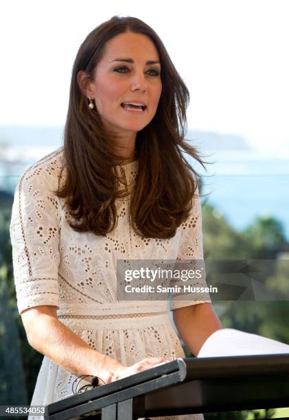 Catherine, Duchess of Cambridge gives a speech as she visits children and relatives at the Bear Cottage Hospice at Manly on April 18, 2014 in Sydney,...