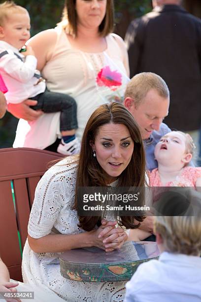 Catherine, Duchess of Cambridge visits children and relatives at the Bear Cottage Hospice at Manly on April 18, 2014 in Sydney, Australia. The Duke...