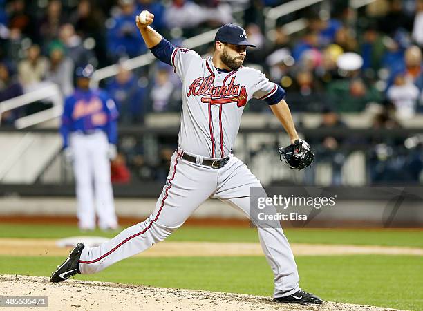 Jordan Walden of the Atlanta Braves delivers a pitch in the ninth inning against the New York Mets on April 18, 2014 at Citi Field in the Flushing...