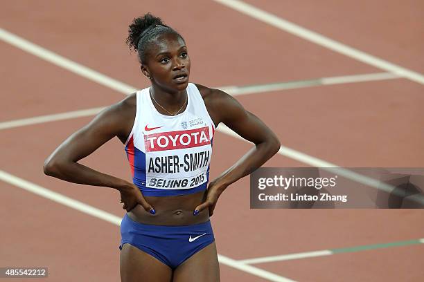 Dina Asher-Smith of Great Britain looks on after the Women's 200 metres final during day seven of the 15th IAAF World Athletics Championships Beijing...