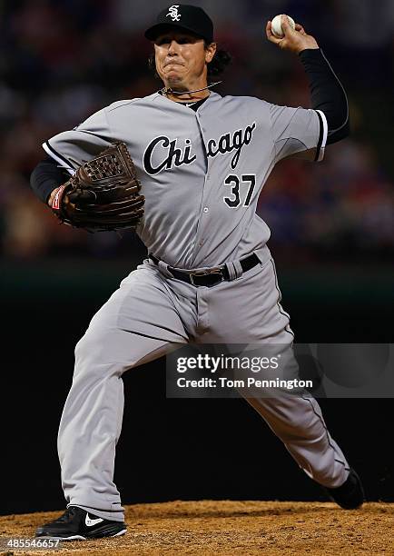 Scott Downs of the Chicago White Sox pitches against the Texas Rangers in the bottom of the seventh inning at Globe Life Park in Arlington on April...