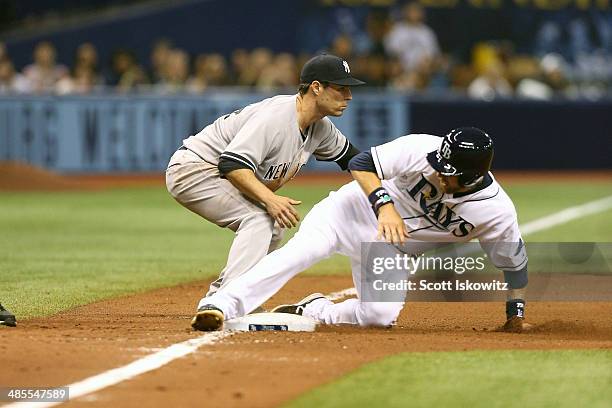 Ben Zobrist of the Tampa Bay Rays slides safely into 3rd base past Scott Sizemore of the New York Yankees during the 8th inning at Tropicana Field on...