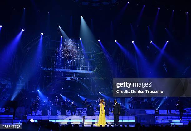 Celine Dion premieres the much-anticipated return of her headline residency show at The Colosseum at Caesars Palace on August 27, 2015 in Las Vegas,...