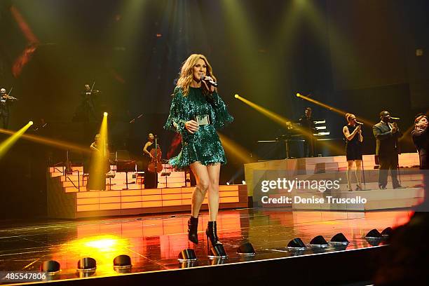 Celine Dion premieres the much-anticipated return of her headline residency show at The Colosseum at Caesars Palace on August 27, 2015 in Las Vegas,...