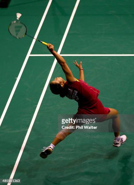 Nozomi Okuhara of Japan plays a forehand against Kana Ito of Japan in the womens final of the 2014 New Zealand Open at the North Shore Events Centre...
