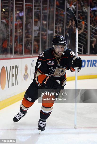 Andrew Cogliano of the Anaheim Ducks celebrates his shorthanded goal in the third period against the Dallas Stars in Game Two of the First Round of...