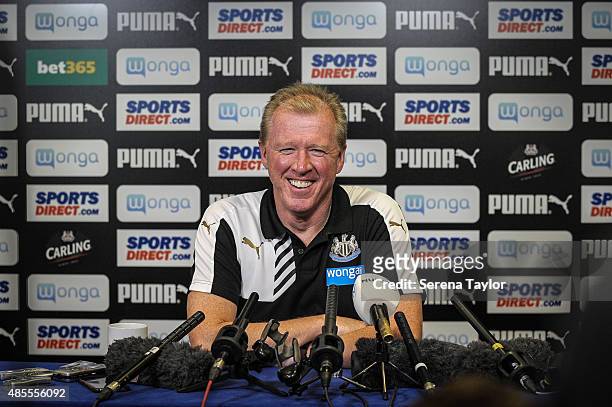 Head coach Steve McClaren sits for the media during the press conference after the Newcastle United Training session at The Newcastle United Training...