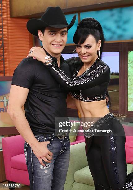Julian Figueroa and his mother Maribel Guardia are seen on the set of "Despierta America" at Univision Studios on August 28, 2015 in Miami, Florida.