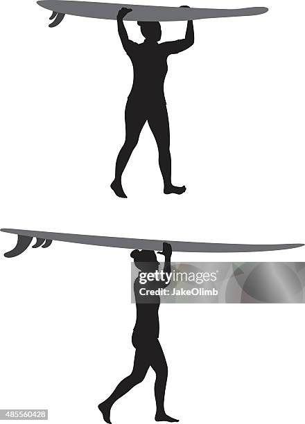woman carrying surfboard on head silhouettes - paddleboarding stock illustrations