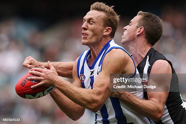 Drew Petrie of the Kangaroos marks the ball against Nick Maxwell of the Magpies during the round five AFL match between the Collingwood Magpies and...