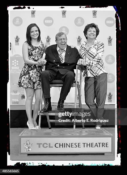 Danielle Sarah Lewis, actor Jerry Lewis and SanDee Pitnick attend a ceremony immortalizing Jerry Lewis' hand and footprints in front of the Chinese...