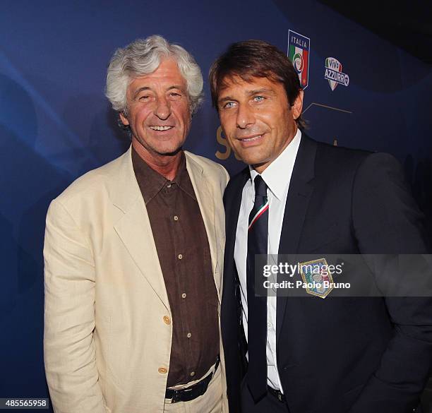 Gianni Rivera and Italian National team head coach Antonio Conte pose after the Italian Football Federation press conference on August 28, 2015 in...