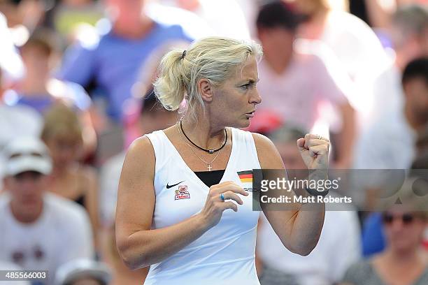 Captain of the German Fed Cup team Barbara Rittner reacts during the Fed Cup Semi Final tie between Australia and Germany at Pat Rafter Arena on...
