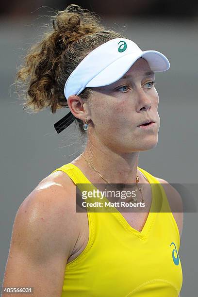 Samantha Stosur of Australia looks on in her match against Anna Petkovic of Germany during the Fed Cup Semi Final tie between Australia and Germany...