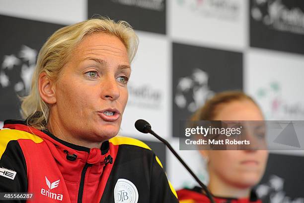 Captain of the German Fed Cup team Barbara Rittner speaks to media representatives during the Fed Cup Semi Final tie between Australia and Germany at...