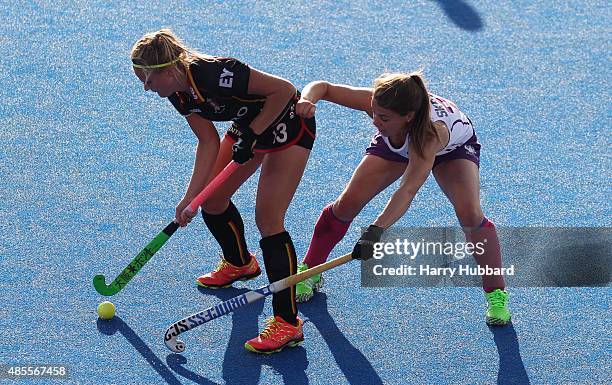 Alix Gerniers of Belgium and Nicola Skrastin of Scotland in action during the match between Belgium and Scotland on day eight of the Unibet...