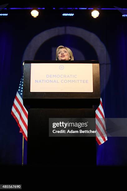 Democratic Presidential candidate Hillary Clinton speaks at the Democratic National Committee summer meeting on August 28, 2015 in Minneapolis,...