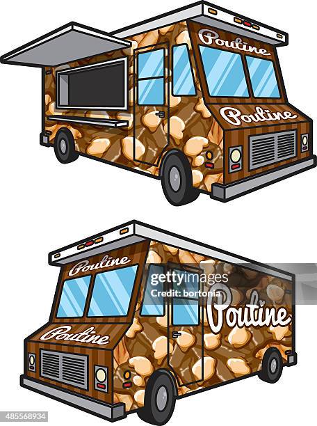 poutine food truck: both sides, full color icons - french fries white background stock illustrations