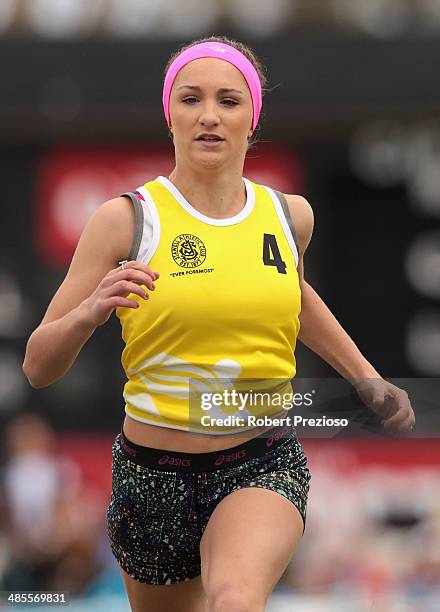 Jessica Payne of Wonga Park competes in State of Victoria Strickland Family Women's Gift Heat 3 during the 2014 Stawell Gift meet at Central Park on...