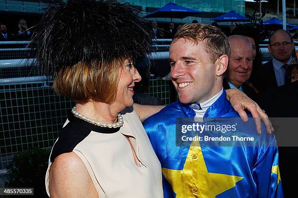 Tommy Berry riding The Offer celebrates with Gai Waterhouse after winning race 7, Schweppes Sydney Cup during Day Two of The Championships at Royal...