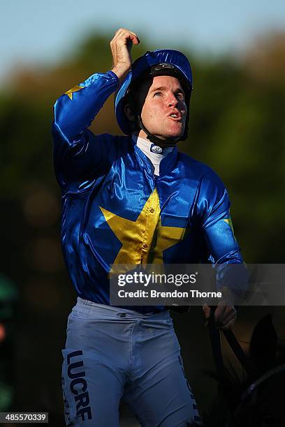 Tommy Berry riding The Offer celebrates after winning race 7, Schweppes Sydney Cup during Day Two of The Championships at Royal Randwick Racecourse...