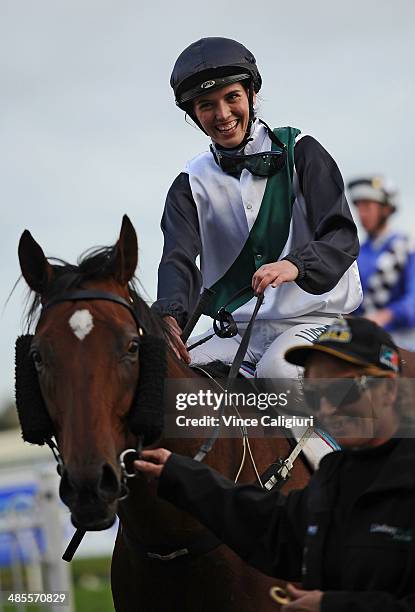 Kayla Nisbet is all smiles after winning aboard Pago Rock in Race 8, the Noel Rundle Handicap during Melbourne Racing at Caulfield Racecourse on...