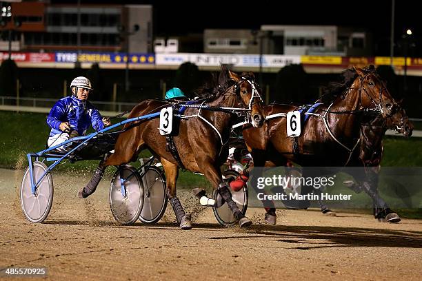 Colin DeFilippi driving Arya powers home to win the New Zealand Trotting Stakes during Easter Cup Day at Addington Raceway on April 19, 2014 in...