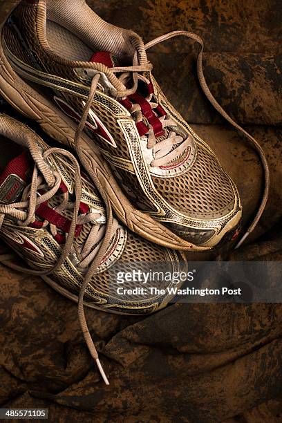 Running shoes worn by Gretchen Bolton in the 2013 Boston Marathon, a race she'll rerun next week in Bethesda, MD on April 14, 2014. Bolton, like most...