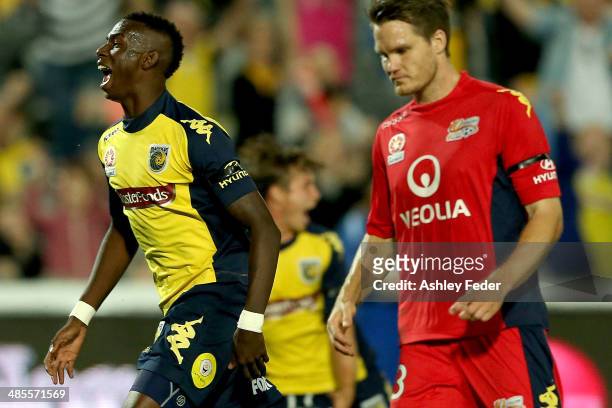 Bernie Ibini of the Mariners celebrates a goal during the A-League Elimination Final match between the Central Coast Mariners and Adelaide United at...