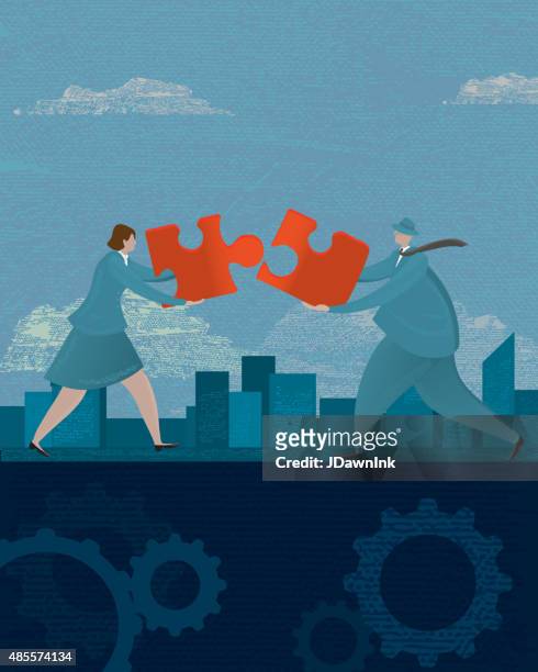 business woman and man teamwork concept with puzzle piece - editorial illustration stock illustrations