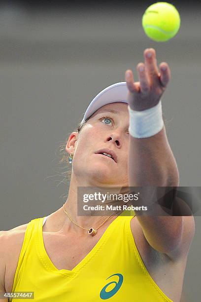 Samantha Stosur of Australia serves against Anna Petkovic of Germany during the Fed Cup Semi Final tie between Australia and Germany at Pat Rafter...