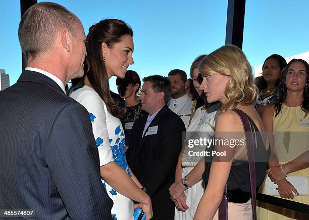 Catherine, Duchess of Cambridge and Queensland Premier Campbell Newman speak with Jessica Watson, youngest solo around-the-world sailor during a...