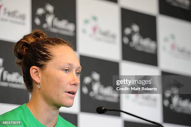 Samantha Stosur of Australia speaks at a press conference after her match against Anna Petkovic of Germany during the Fed Cup Semi Final tie between...