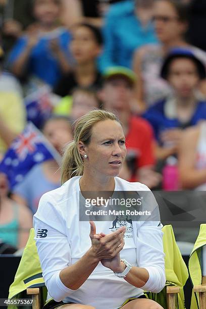 Australian Fed Cup captain Alicia Molik looks on during the Fed Cup Semi Final tie between Australia and Germany at Pat Rafter Arena on April 19,...