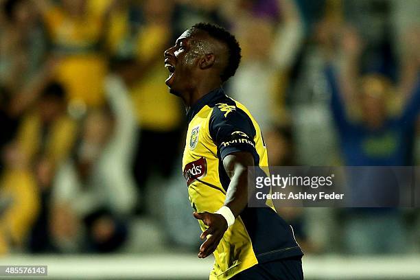 Bernie Ibini of the Mariners celebrates a goal during the A-League Elimination Final match between the Central Coast Mariners and Adelaide United at...