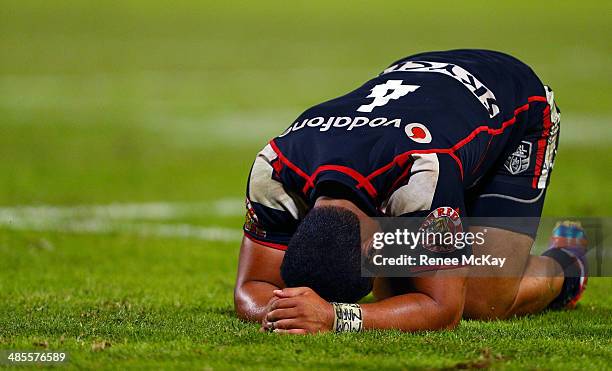 Ngani Laumape of the Warriors shows his disappointment as the final whistle is blown during the round seven NRL match between the St George Illawarra...