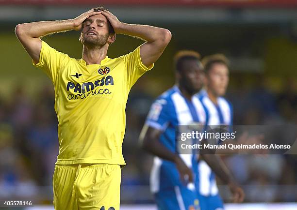 Leo Baptistato of Villarreal reacts during the La Liga match between Villarreal CF and RCD Espanyol at El Madrigal Stadium on August 28, 2015 in...