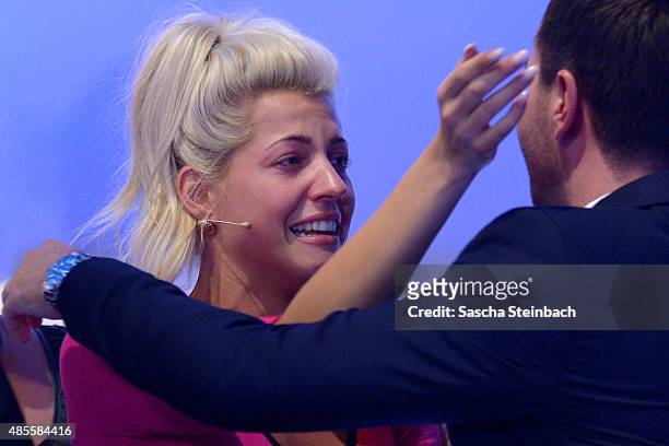 Sarah Nowak cries during the final show of Promi Big Brother 2015 at MMC studios on August 28, 2015 in Cologne, Germany.