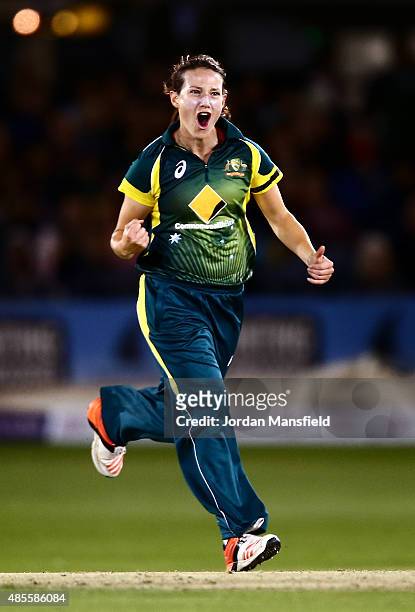 Megan Schutt of Ausralia celebrates bowling out Katherine Brunt of England during the 2nd NatWest T20 of the Women's Ashes Series between England and...