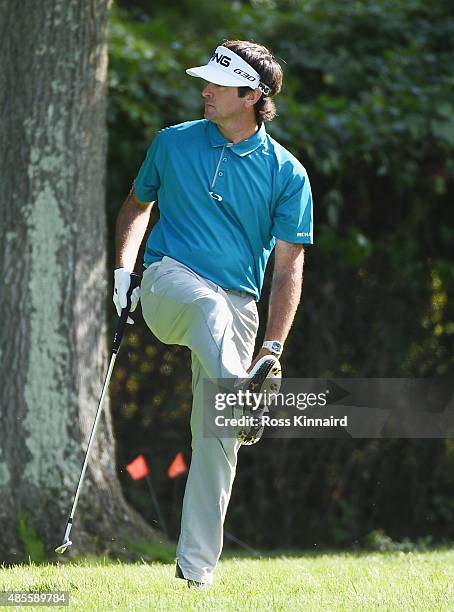 Bubba Watson of the United States watches a shot from the rough on the 13th hole during the second round of The Barclays at Plainfield Country Club...