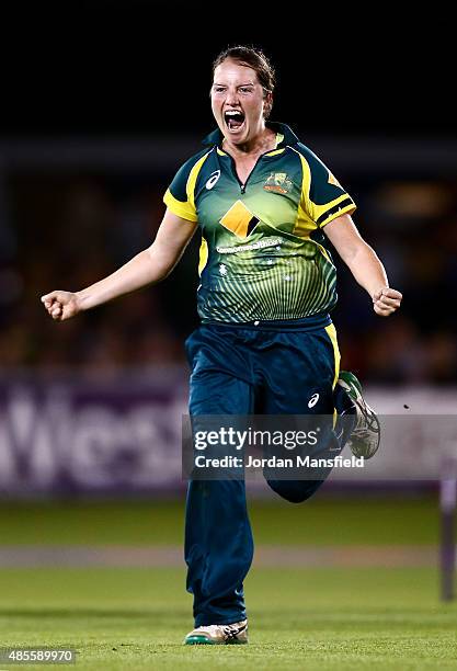 Rene Farrell of Australia celebrates after getting the wicket of Lydia Greenway of England to win the Ashes during the 2nd NatWest T20 of the Women's...