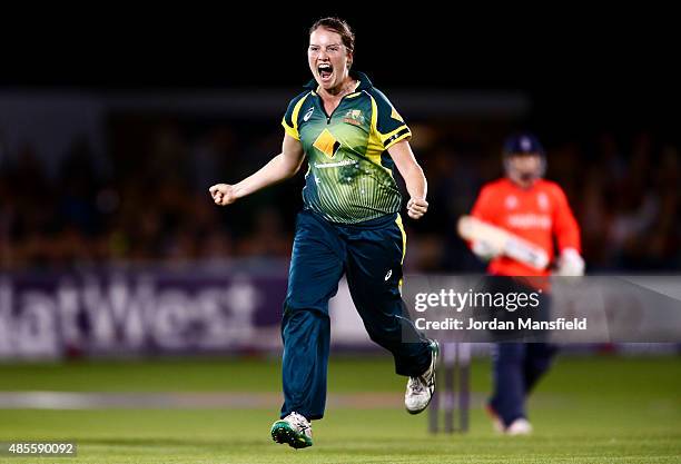 Rene Farrell of Australia celebrates after getting the wicket of Lydia Greenway of England to win the Ashes during the 2nd NatWest T20 of the Women's...