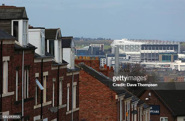 General view of St. James Park on the Newcastle city skyline before the Barclays Premier League fixture between Newcastle United and Swansea City at...