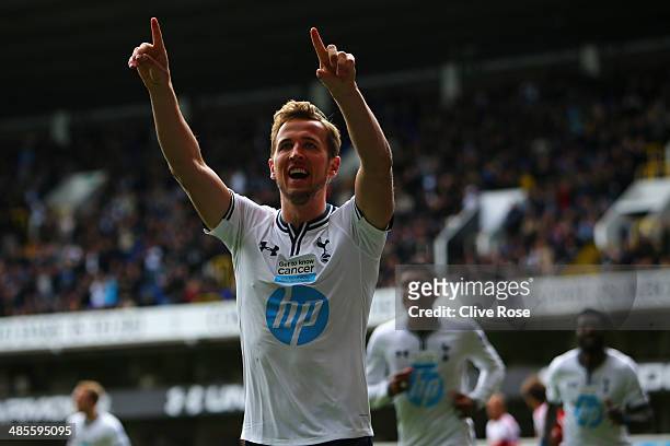 Harry Kane of Tottenham Hotspur celebrates scoring their second goal during the Barclays Premier League match between Tottenham Hotspur and Fulham at...