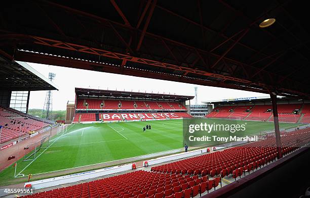 View of Oakwell Stadium, home of Barnsley FC during the Sky Bet Championship match between Barnsley and Leeds United at Oakwell on April 19, 2014 in...