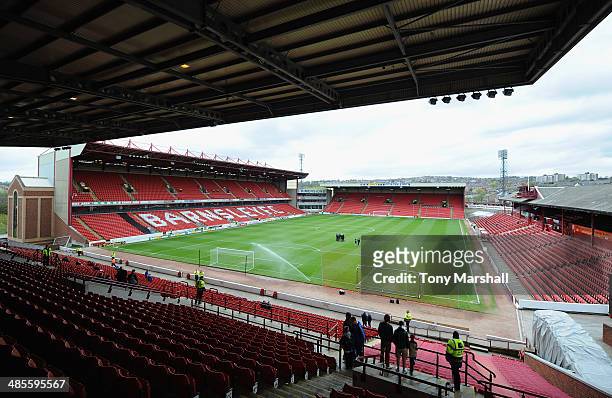 View of Oakwell Stadium, home of Barnsley FC during the Sky Bet Championship match between Barnsley and Leeds United at Oakwell on April 19, 2014 in...