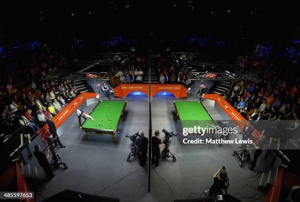 General view of the Crucible Theatre during the first day of the The Dafabet World Snooker Championship at Crucible Theatre on April 19, 2014 in...