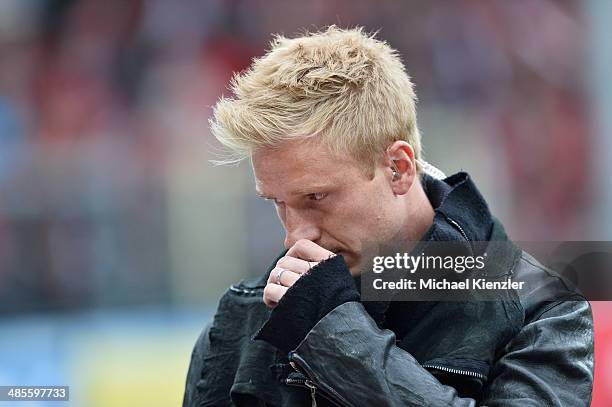 Mike Hanke of Freiburg reacts before the Bundesliga match between SC Freiburg and Borussia Moenchengladbach at Mage Solar Stadium on April 19, 2014...